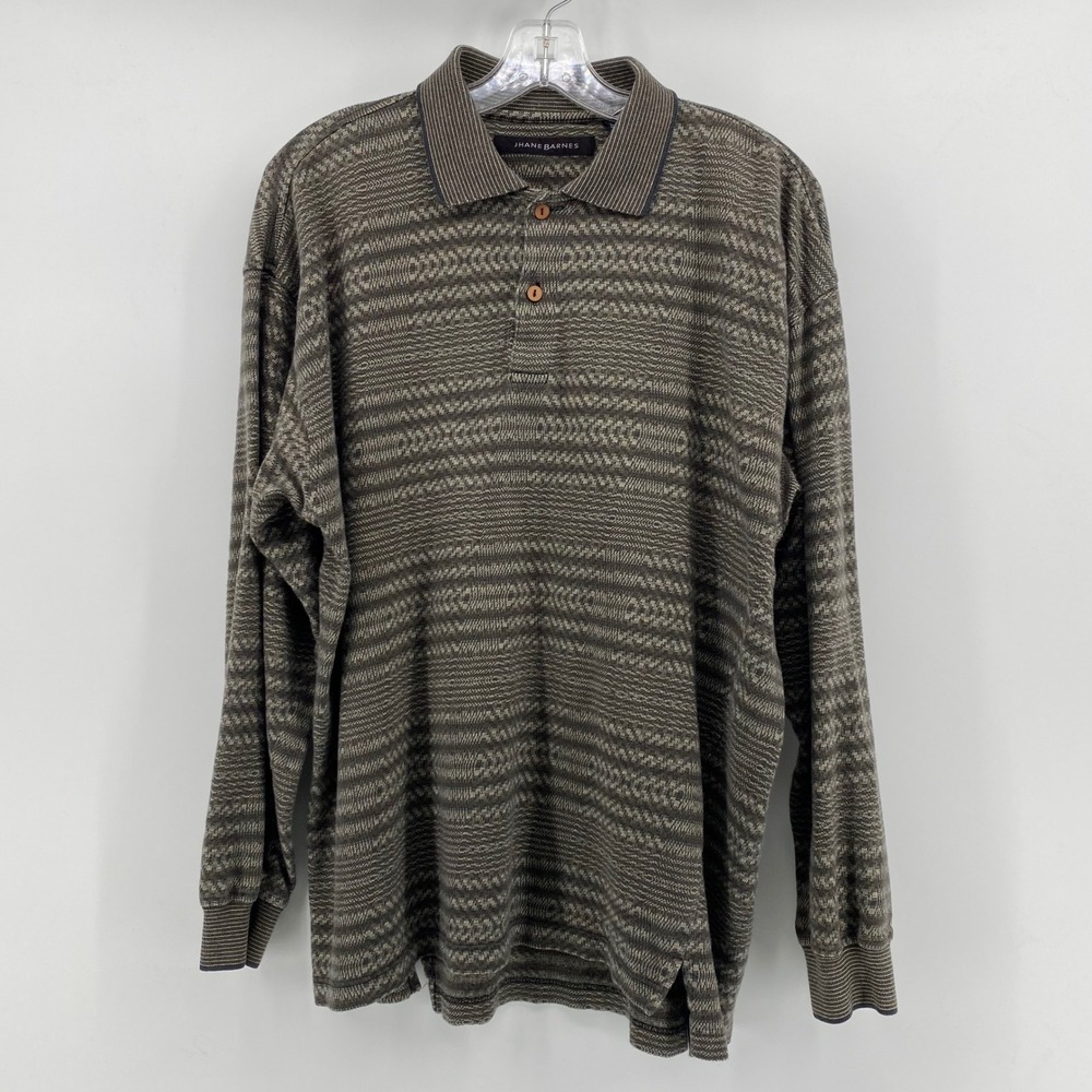 Jhane Barnes Mens Medium Long Sleeve Polo Shirt Cotton Jacquard Knit Brown Green